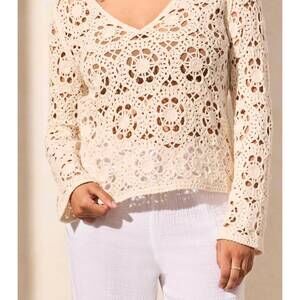 NEW TRIBAL open fancy crochet v-neck sweater in cocomilk